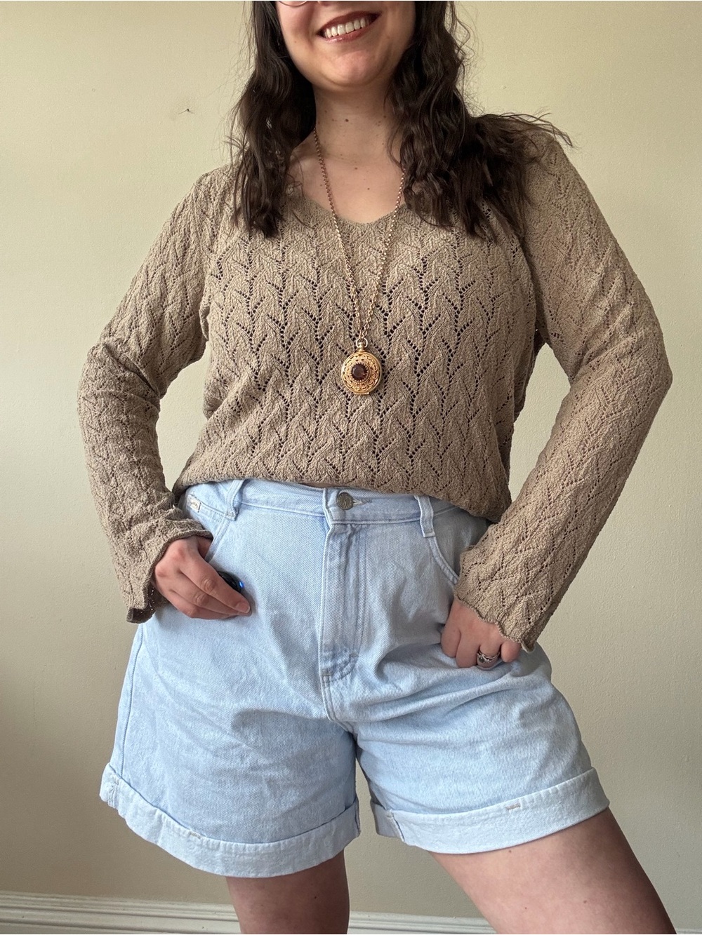 J Jill Light Khaki Brown Knit V-Neck Knit Sweater